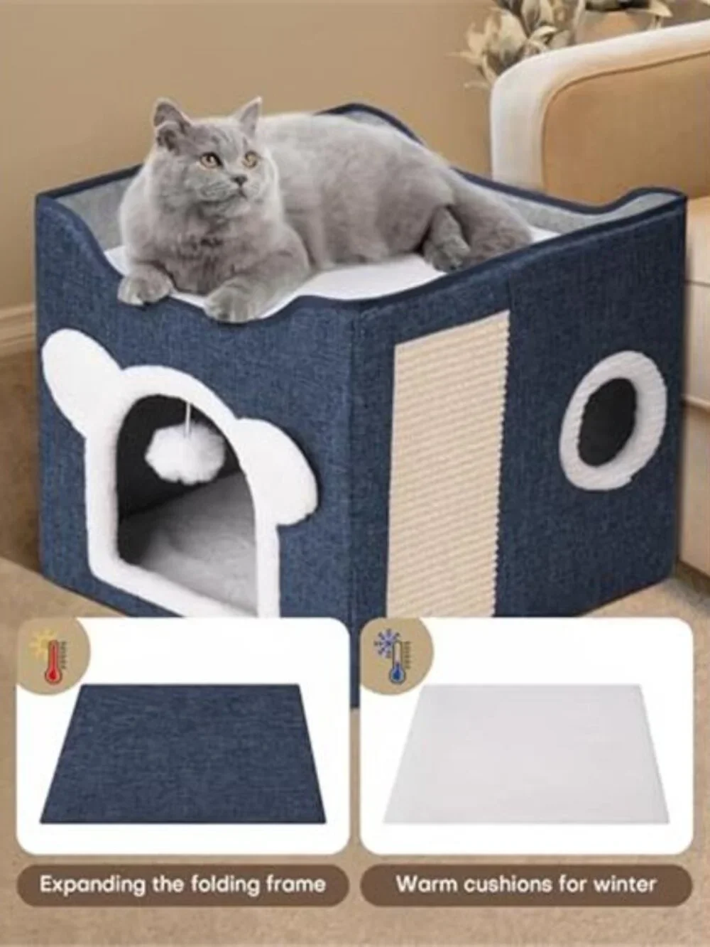 Large Cat House Indoor Cat Cave Covered Bed with Scratch Pad Fluffy Toy Hideaway